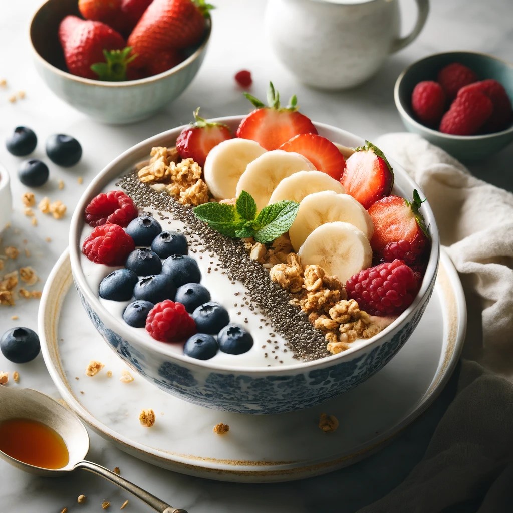 beautiful breakfast bowl with banana strawberries and chia seeds