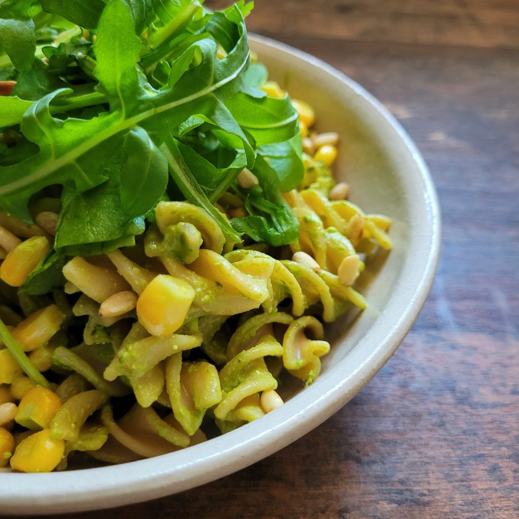 Creamy green pesto pasta and rocket&nbsp;salad