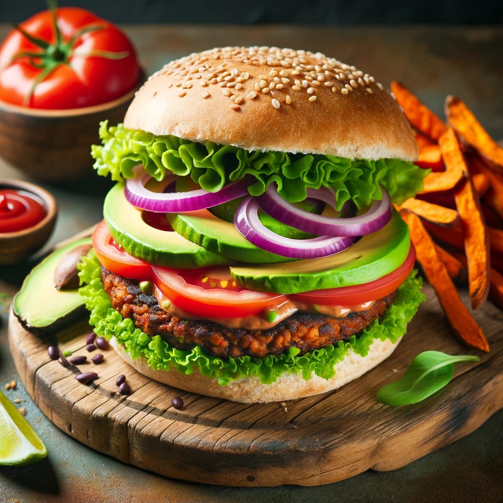 vegan plant-based burger and sweet potato fries
