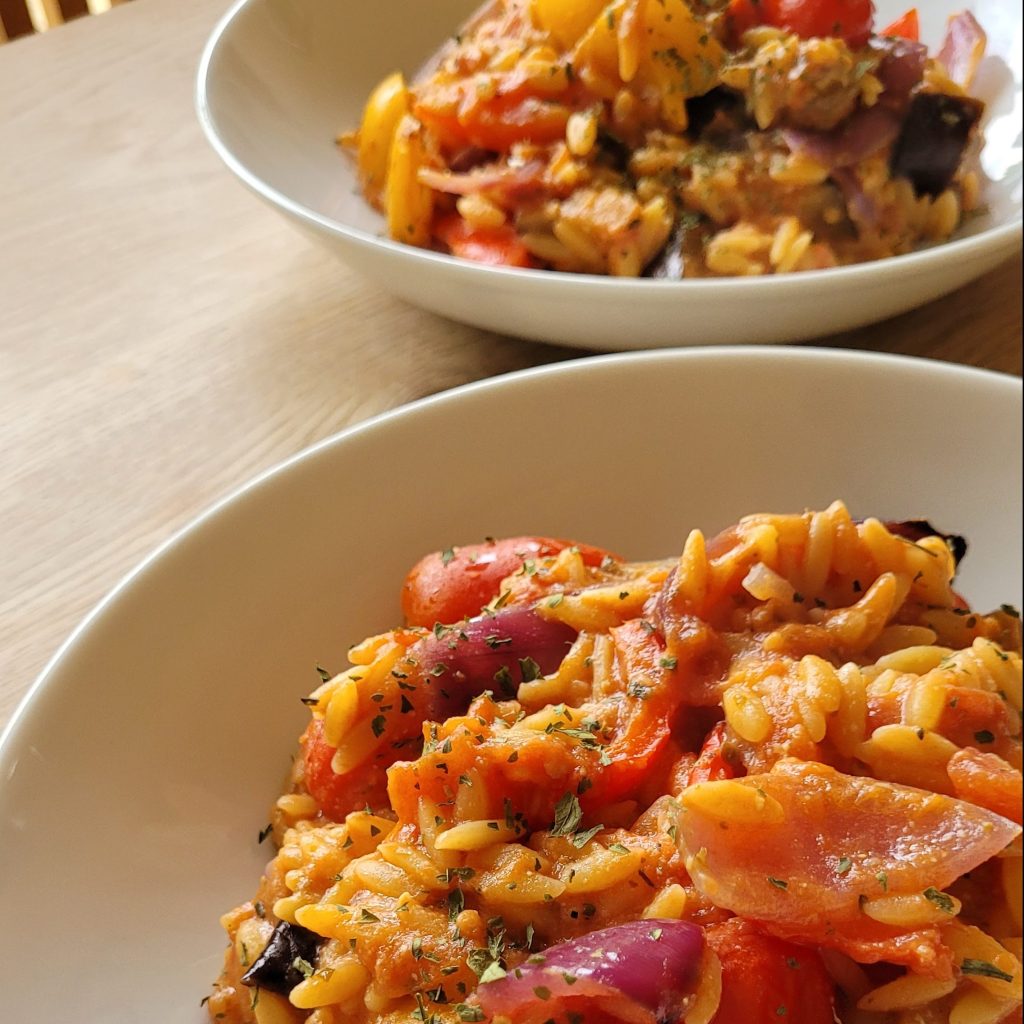 Vegan plant based tomato orzo pasta bake