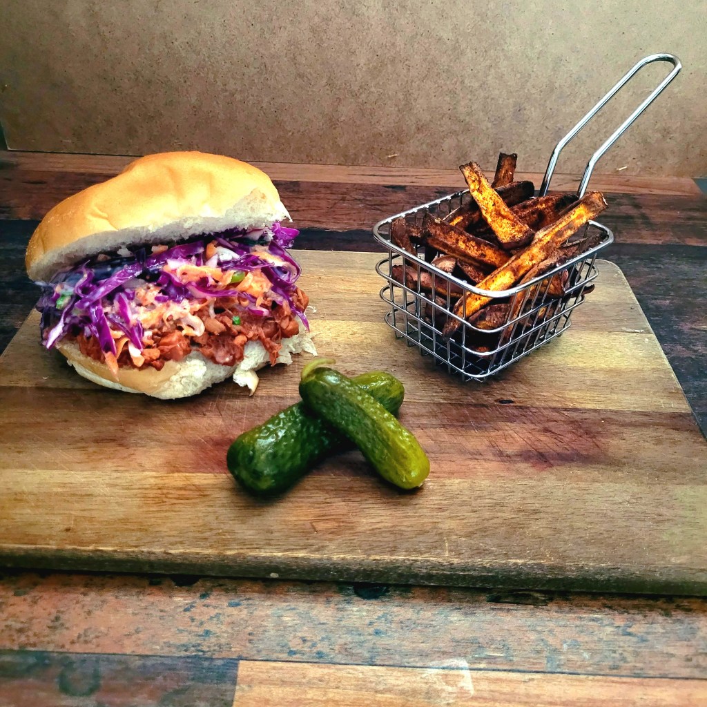 bbq pulled pork burger and coleslaw
