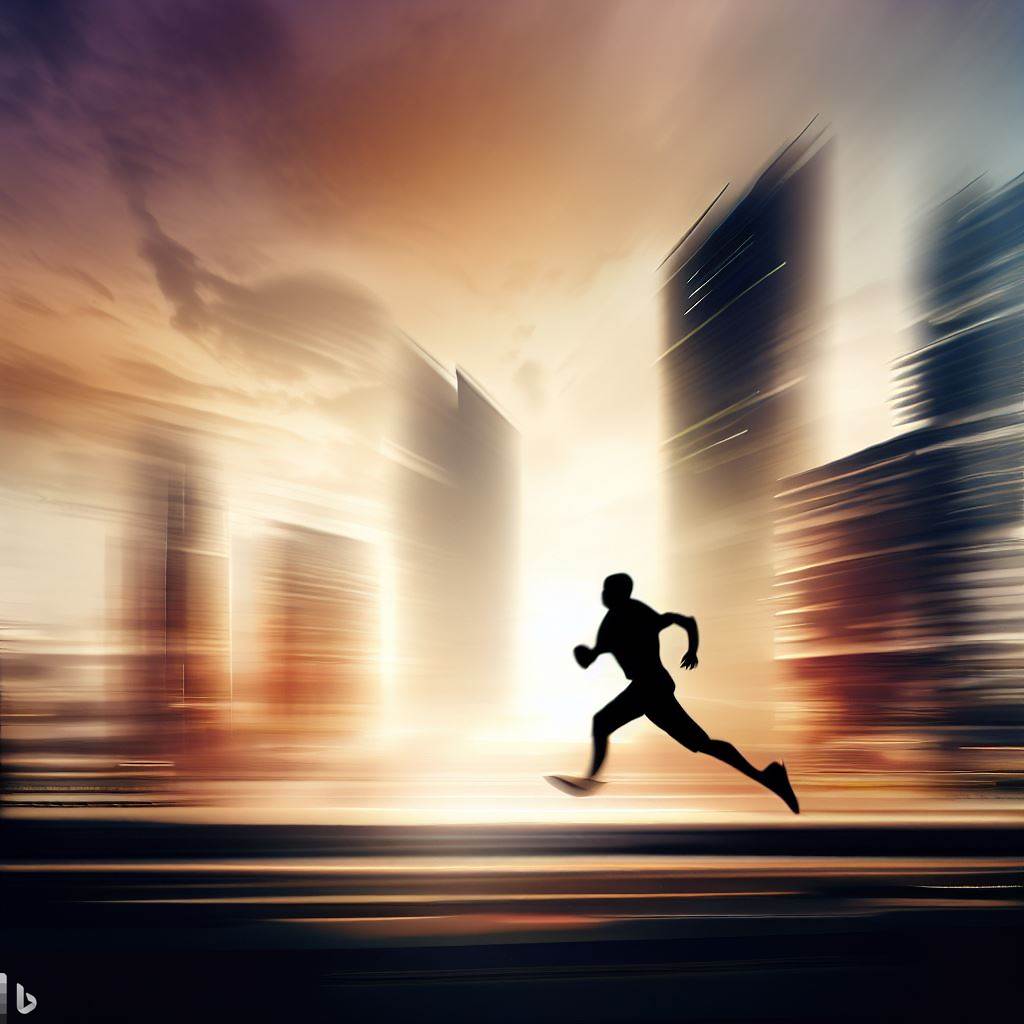 a silhouette of a runner in a busy city skyline