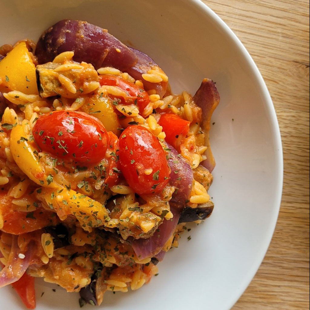 Vegan plant based tomato orzo pasta bake