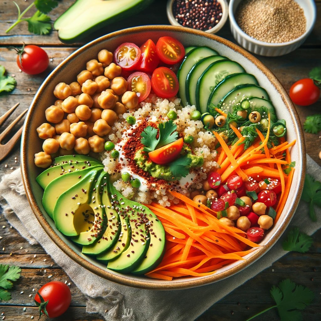 vegan poke bowl with avocado and chickpeas