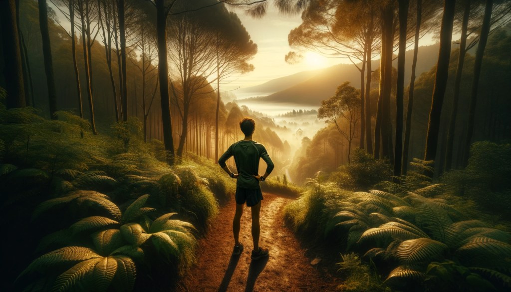 vegan plant-based endurance runner looking out at a beautiful sun-lit view.