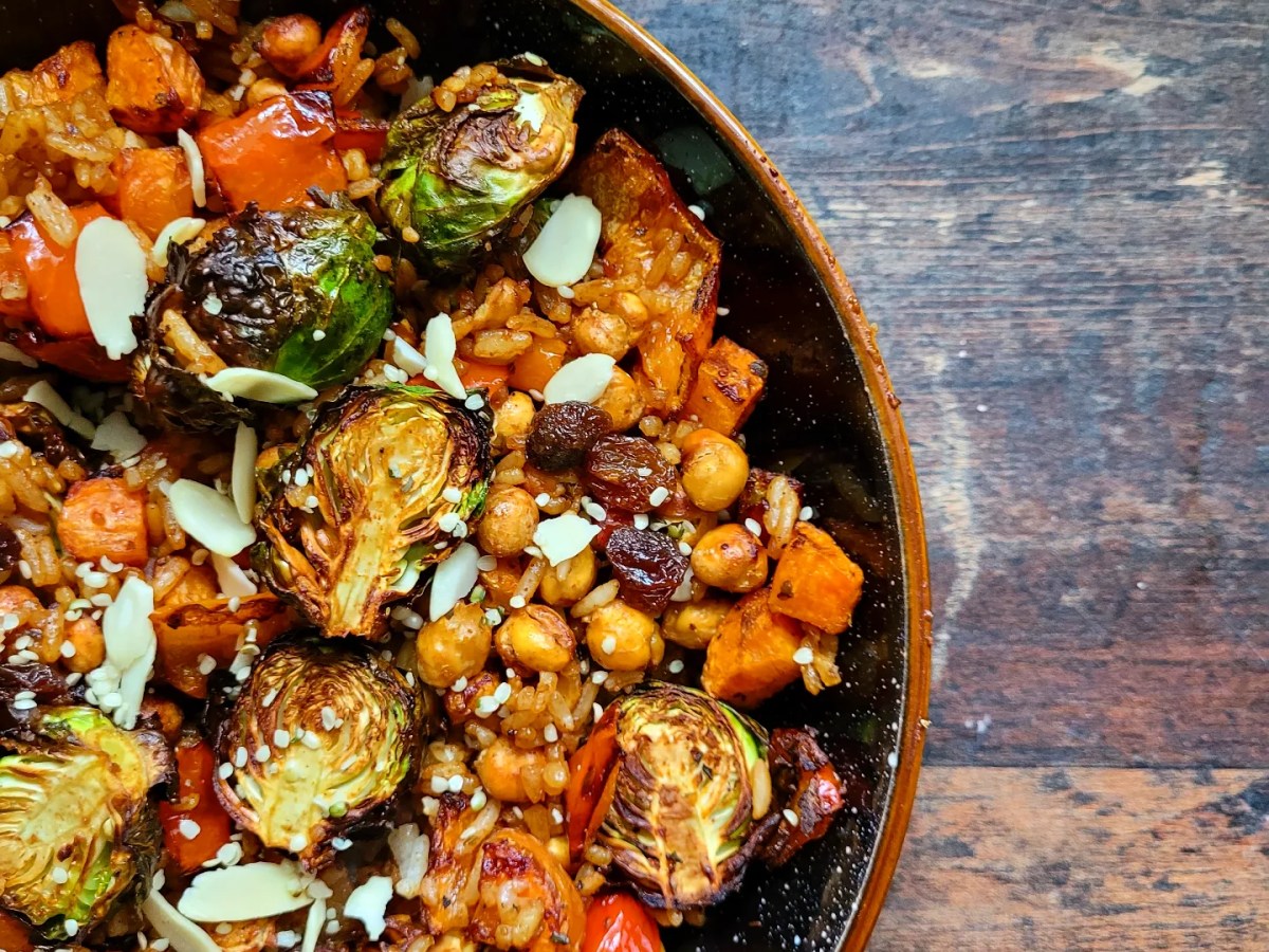 Spicy cajun rice and chickpea bowl with roasted&nbsp;sprouts