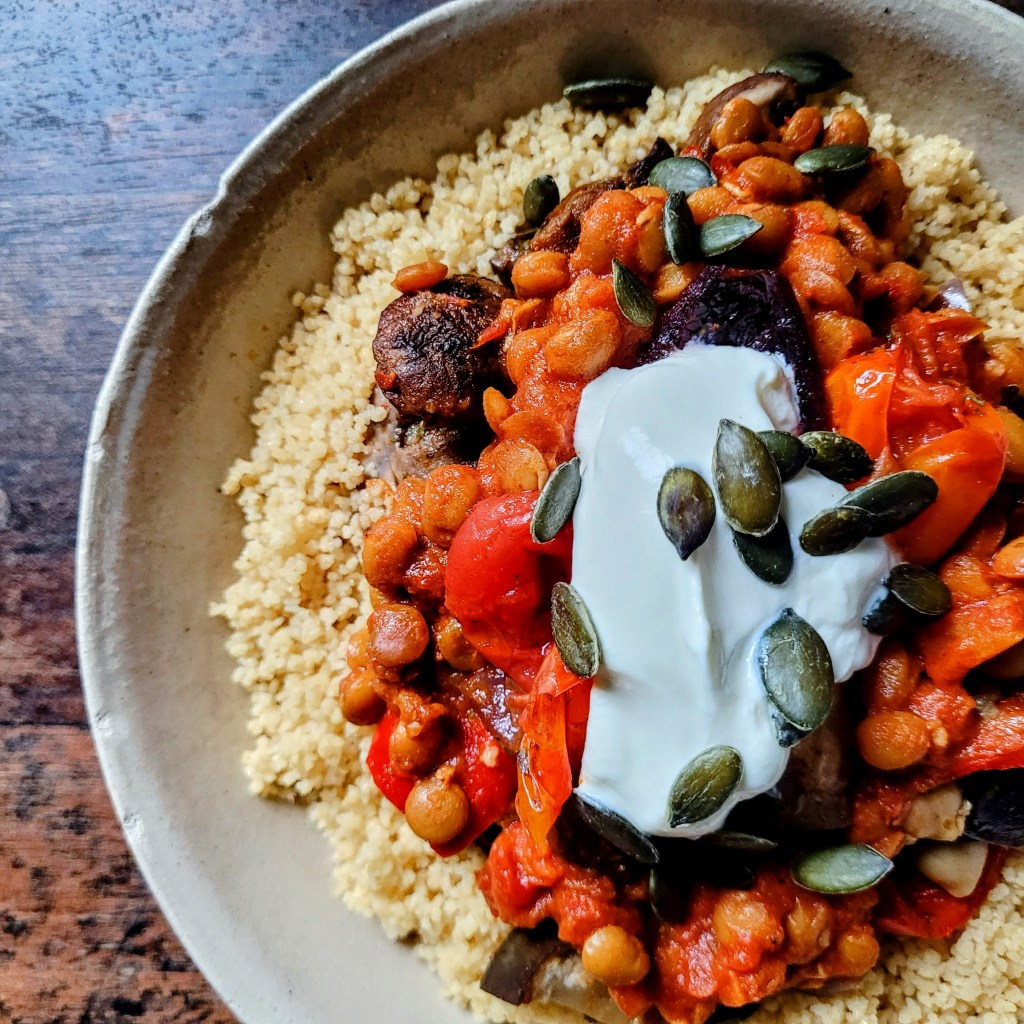 Harissa spiced lentils and roasted Mediterranean vegetables