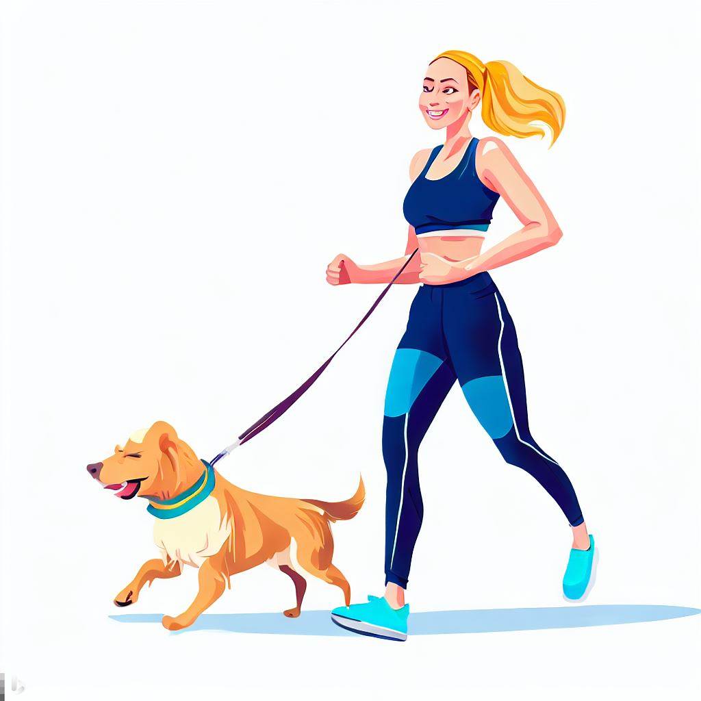 A cartoon of a lady running with her pet dog.