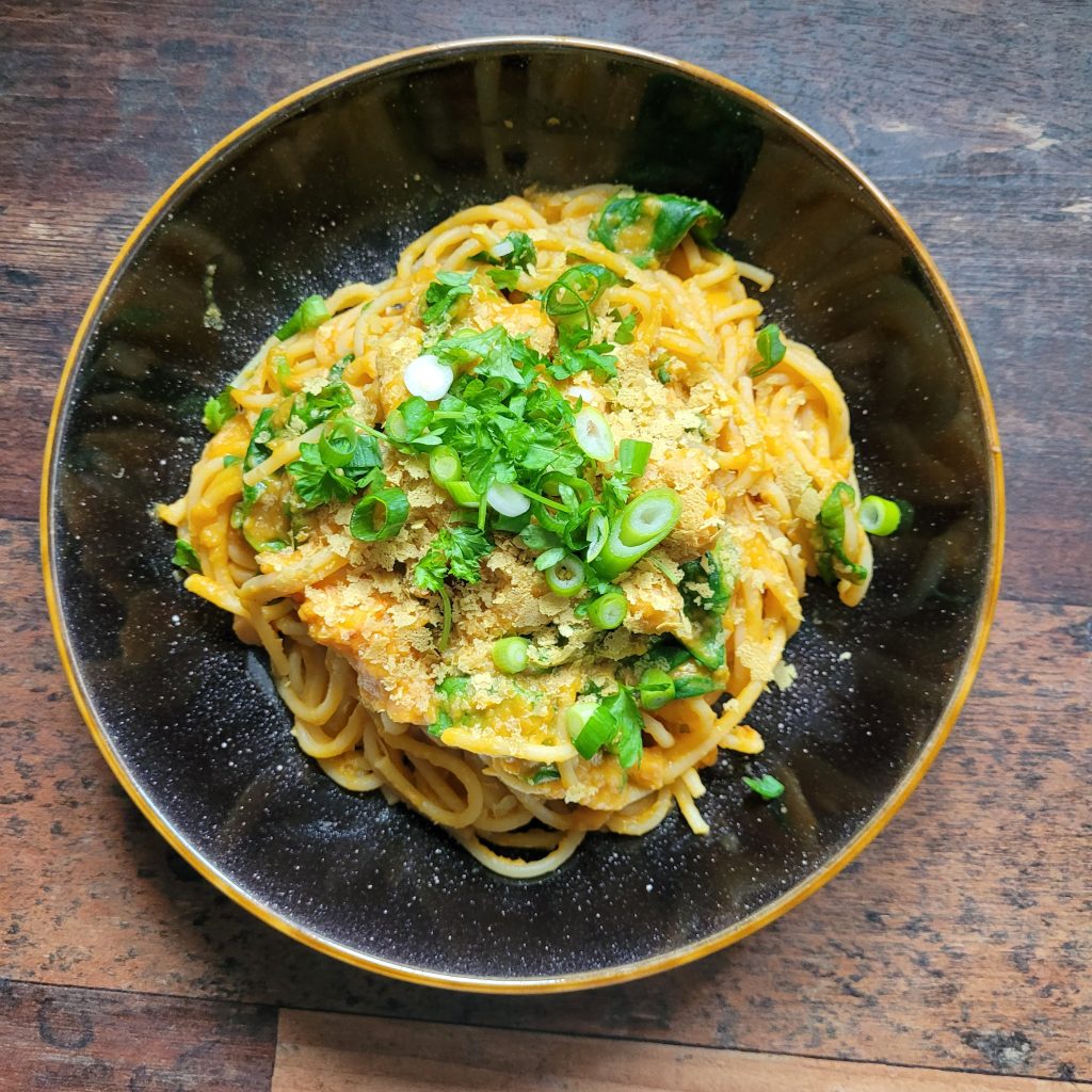 Plant based butternut squash sauce spaghetti