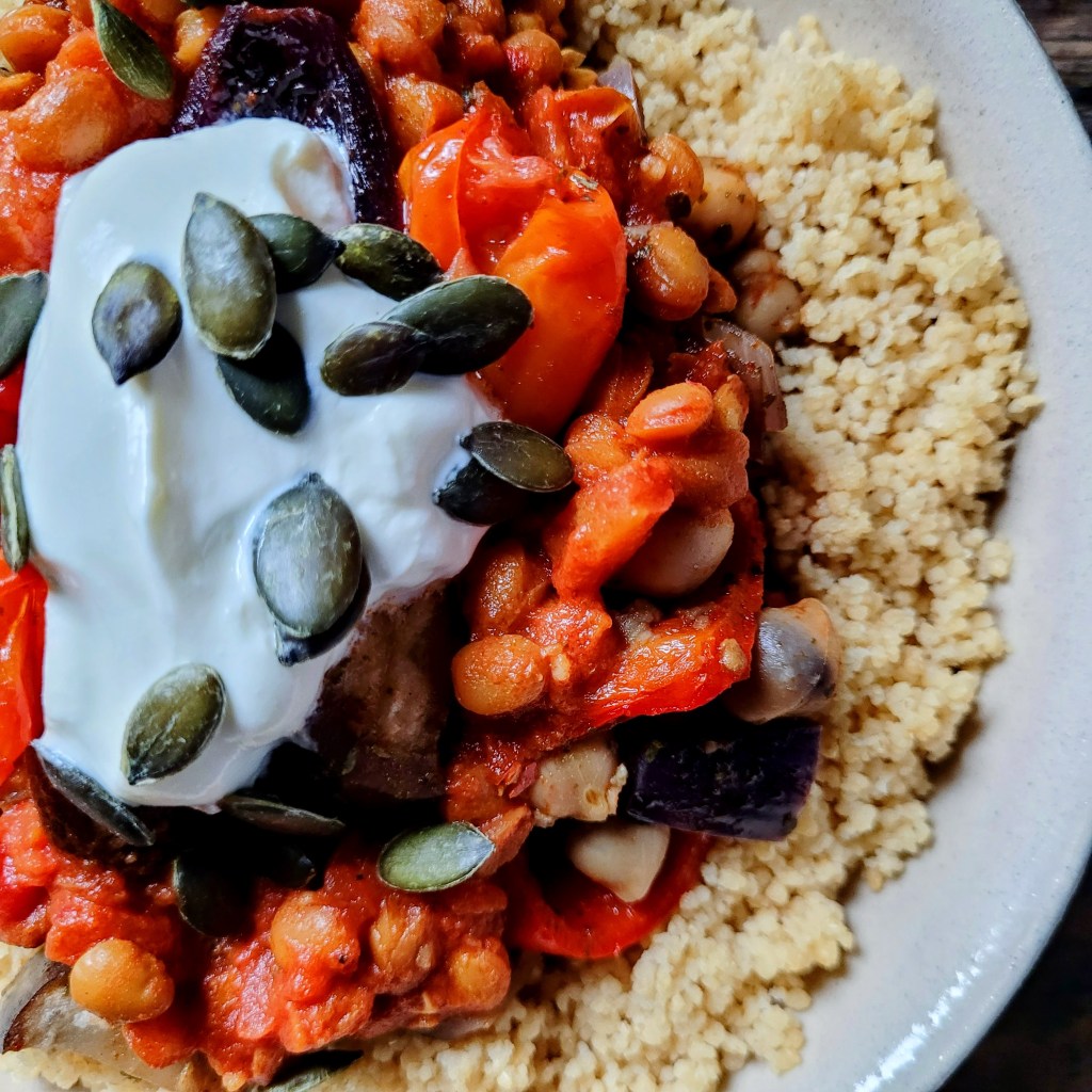 Harissa spiced lentils and roasted Mediterranean vegetables