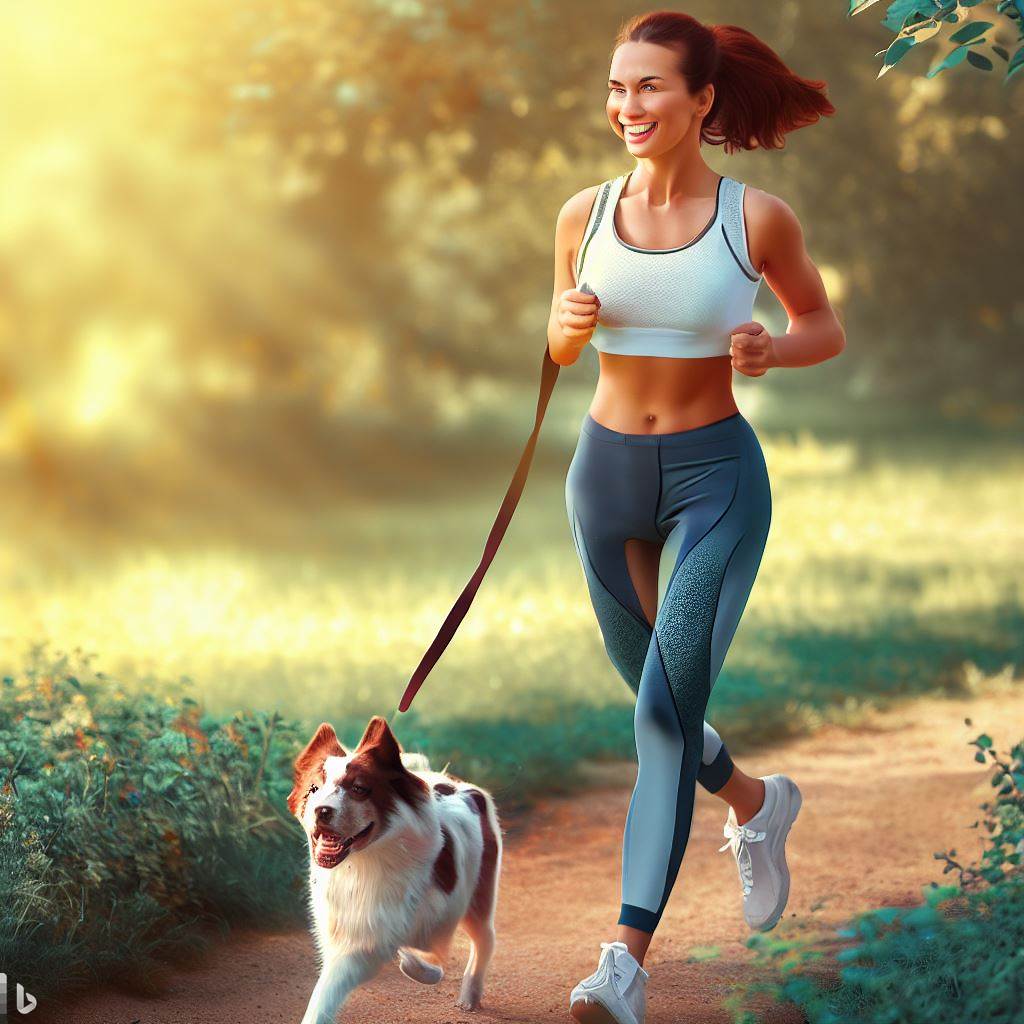 A lady running with her pet dog