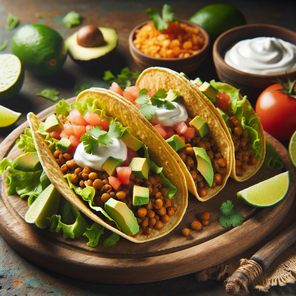 vegan plant-based tacos topped with avocado coconut cream and tomatoes