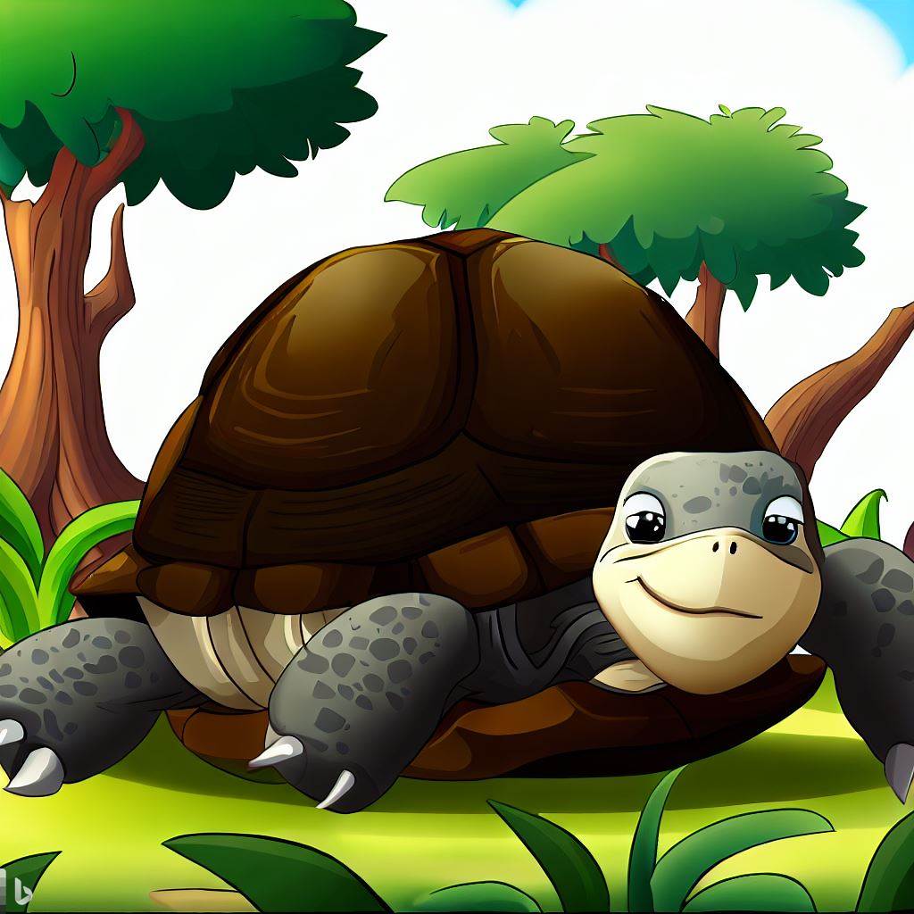 a cartoon tortoise in a forest demonstrating a relaxed attitude.
