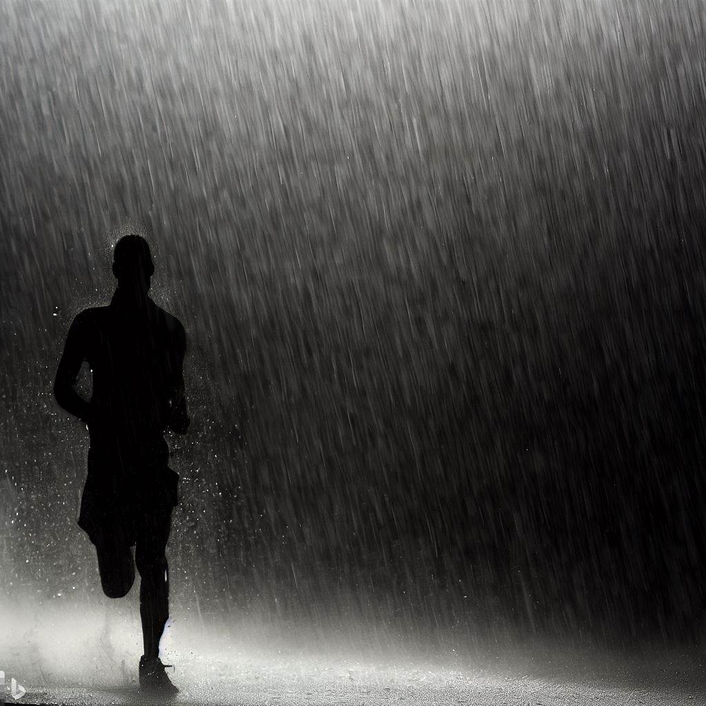a silhouette of a man running in a heavy rain shower.