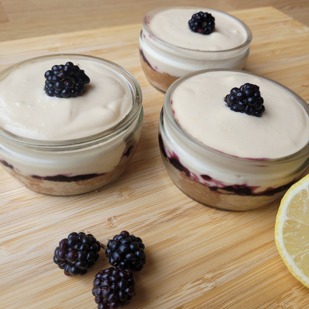 vegan ginger and bramble cheese cake pots
